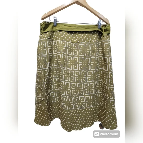 XL Avocado Green Geometric Skirt with Waist Tie String Side Zipper Liner Midi - Picture 2 of 8